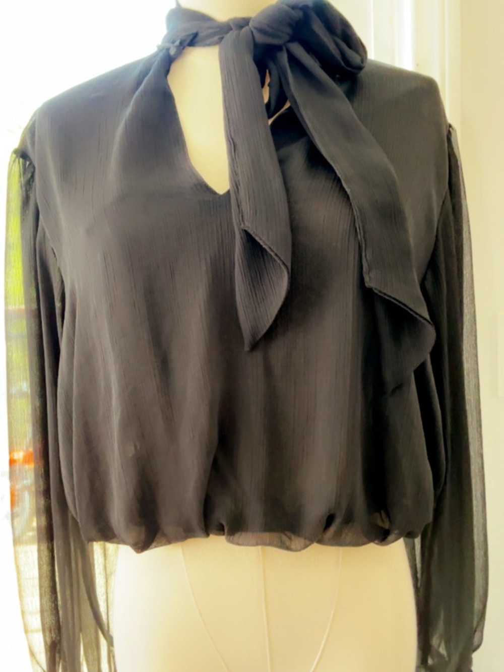 Zara Black Tie-Neck Long-Sleeve Blouse - Women's Top